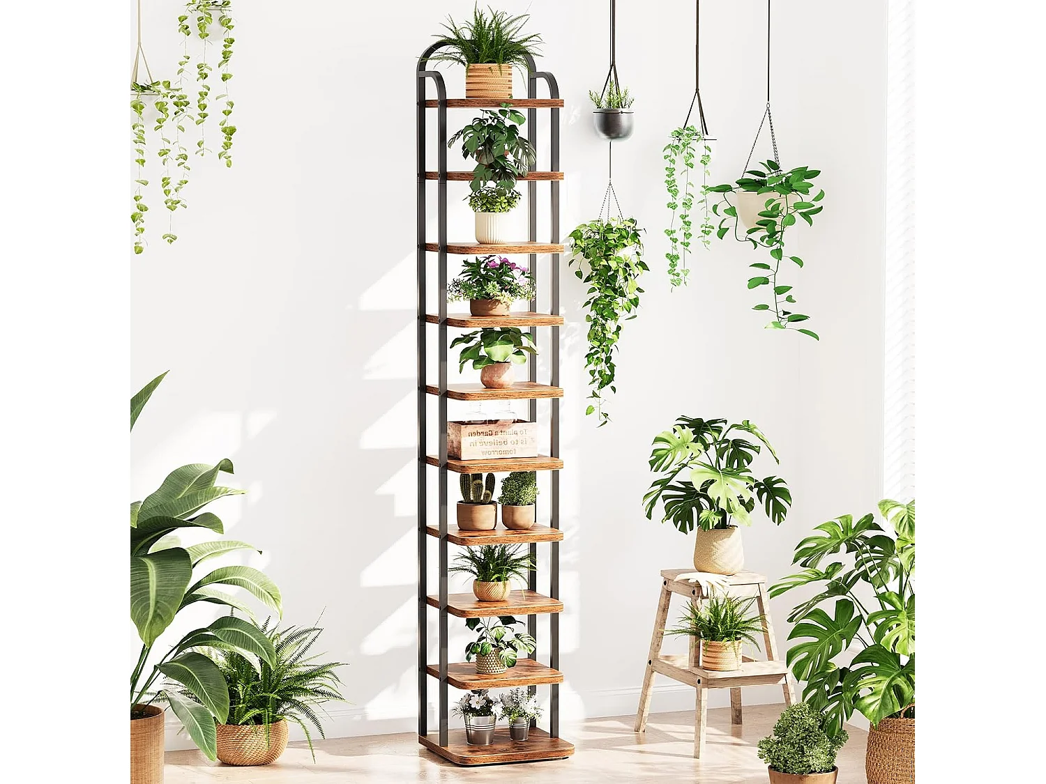 Dripex verticaal schoenenrek met 10 niveaus, smalle metalen schoenenstandaard met verstelbare planken, ruimtebesparend voor de hal, vintage bruin & zwart
