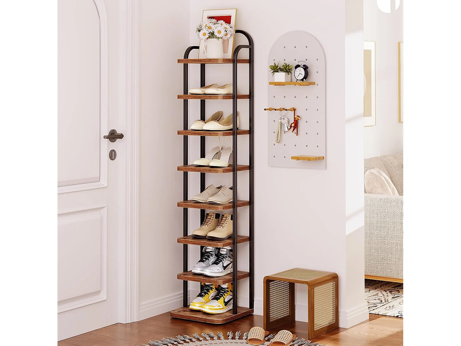 Dripex Meuble à chaussures vertical à 8 niveaux, étagère étroite en métal avec tablettes réglables, gain de place pour l'entrée, style vintage (marron et noir)