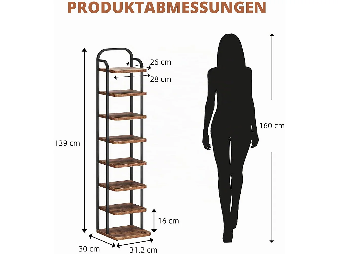 Dripex Meuble à chaussures vertical à 8 niveaux, étagère étroite en métal avec tablettes réglables, gain de place pour l'entrée, style vintage (marron et noir)