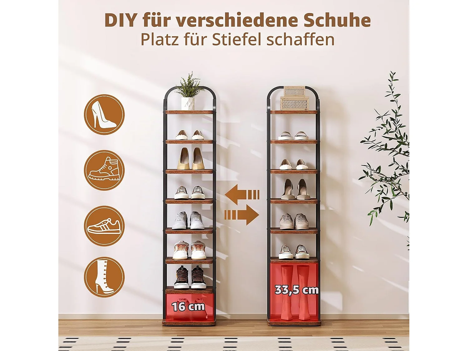 Dripex Meuble à chaussures vertical à 8 niveaux, étagère étroite en métal avec tablettes réglables, gain de place pour l'entrée, style vintage (marron et noir)