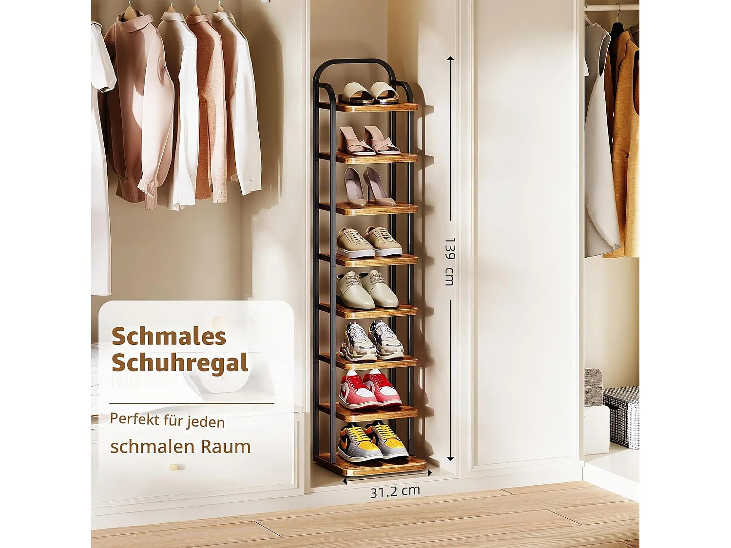 Dripex Meuble à chaussures vertical à 8 niveaux, étagère étroite en métal avec tablettes réglables, gain de place pour l'entrée, style vintage (marron et noir)