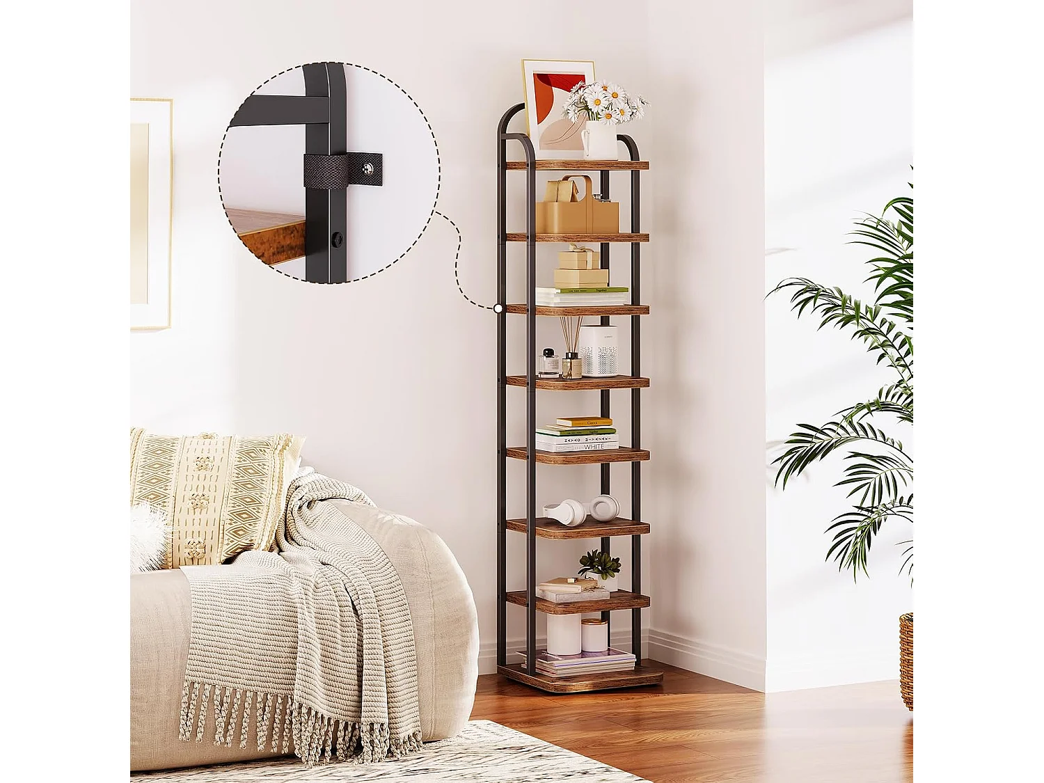 Dripex Meuble à chaussures vertical à 8 niveaux, étagère étroite en métal avec tablettes réglables, gain de place pour l'entrée, style vintage (marron et noir)
