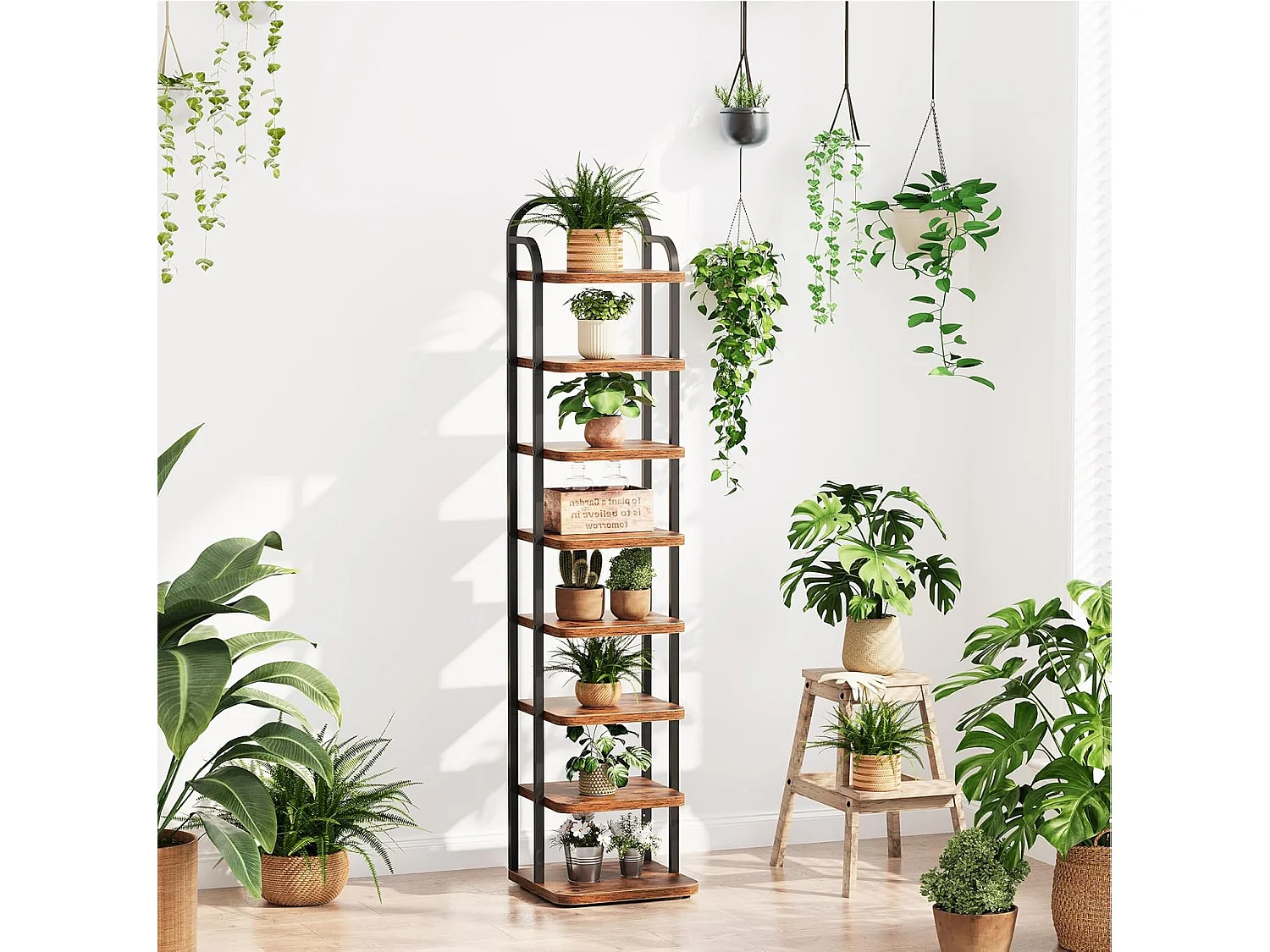 Dripex Meuble à chaussures vertical à 8 niveaux, étagère étroite en métal avec tablettes réglables, gain de place pour l'entrée, style vintage (marron et noir)