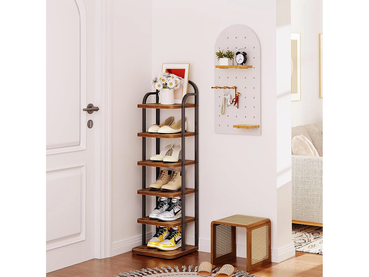 Dripex Meuble à chaussures vertical à 6 niveaux, étagère étroite en métal avec tablettes réglables, gain de place pour l'entrée, style vintage (marron et noir)