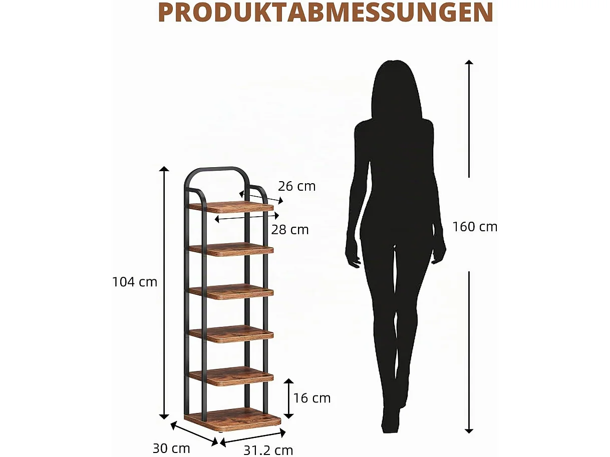 Dripex Meuble à chaussures vertical à 6 niveaux, étagère étroite en métal avec tablettes réglables, gain de place pour l'entrée, style vintage (marron et noir)