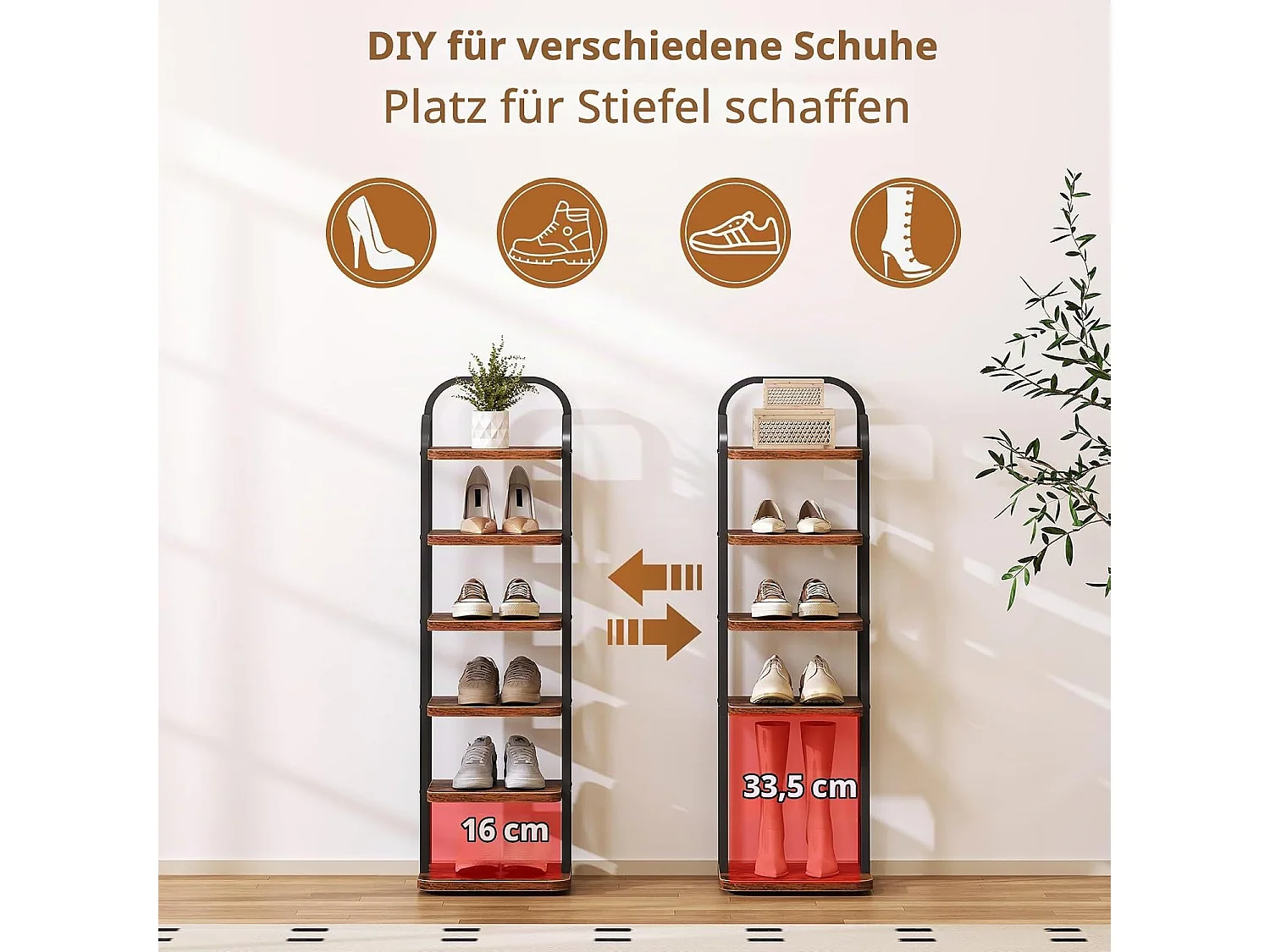 Dripex Meuble à chaussures vertical à 6 niveaux, étagère étroite en métal avec tablettes réglables, gain de place pour l'entrée, style vintage (marron et noir)