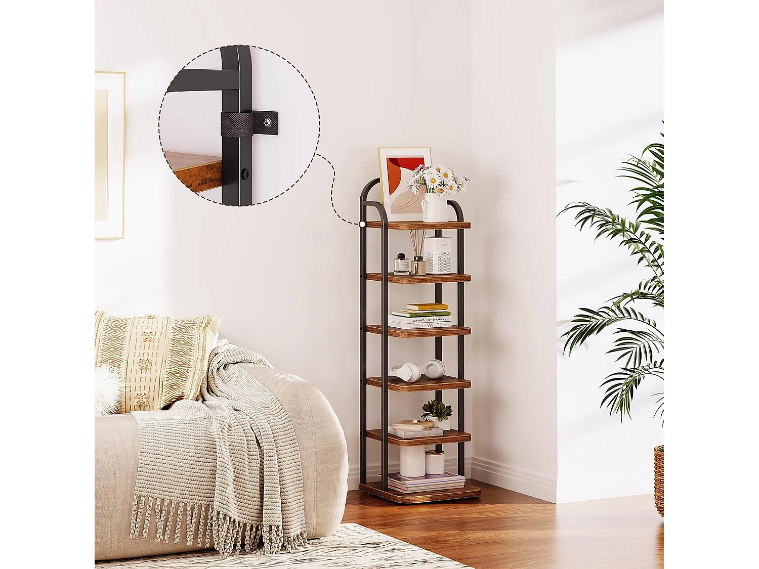 Dripex Meuble à chaussures vertical à 6 niveaux, étagère étroite en métal avec tablettes réglables, gain de place pour l'entrée, style vintage (marron et noir)