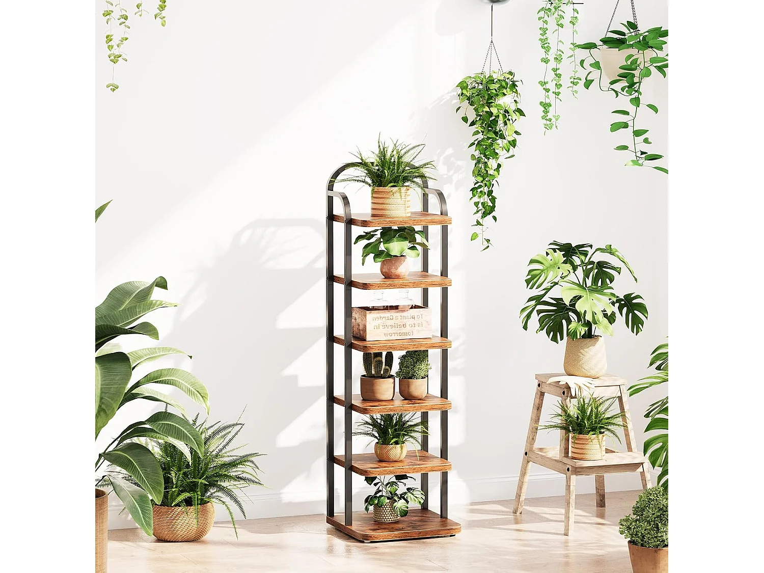 Dripex Meuble à chaussures vertical à 6 niveaux, étagère étroite en métal avec tablettes réglables, gain de place pour l'entrée, style vintage (marron et noir)