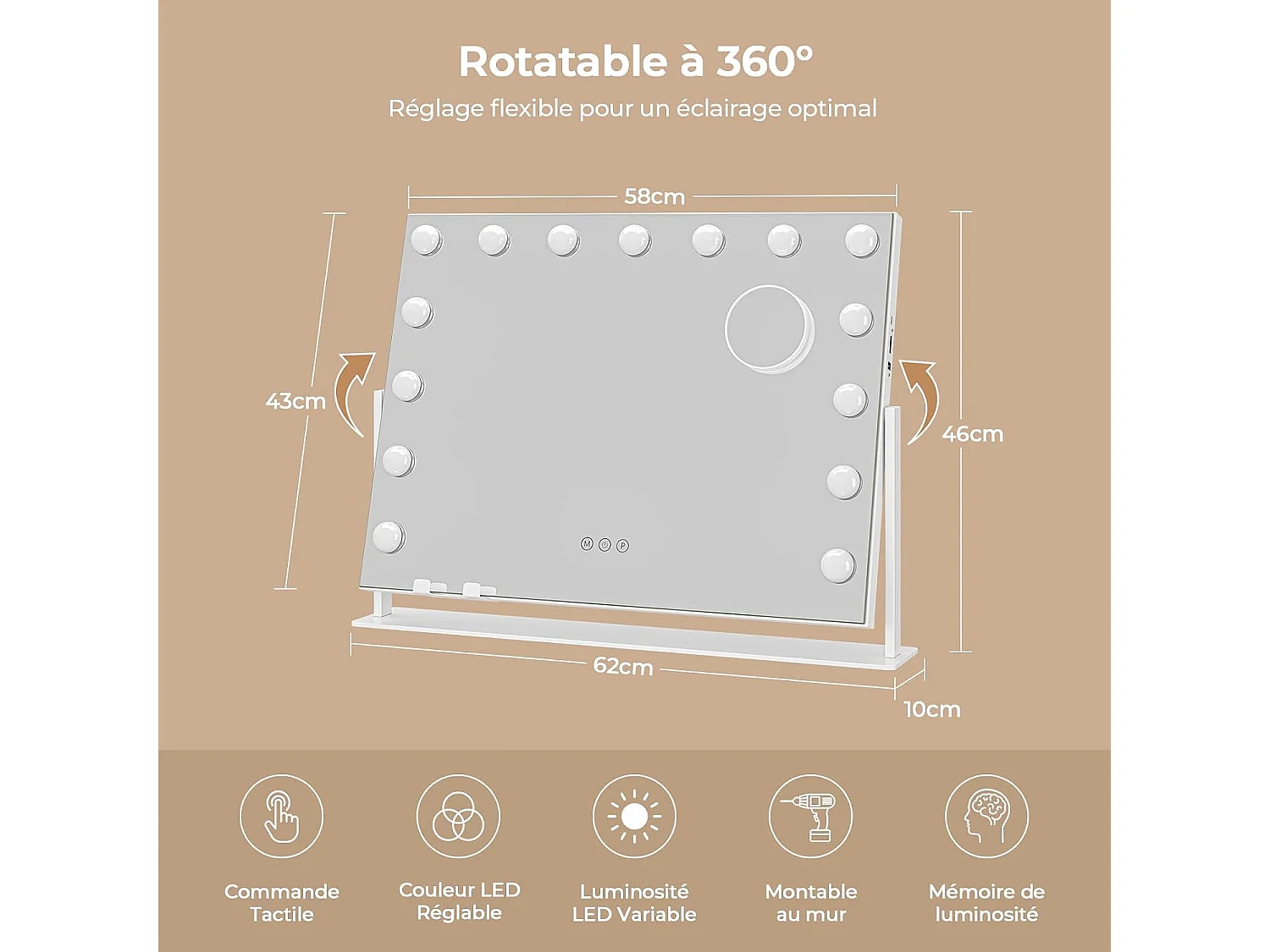 Dripex Specchio per trucco, rotazione a 360°, 15 lampadine, 62 x 46 cm - Bianco, controllo touch, 3 modalità di illuminazione, supporto per telefono rimovibile