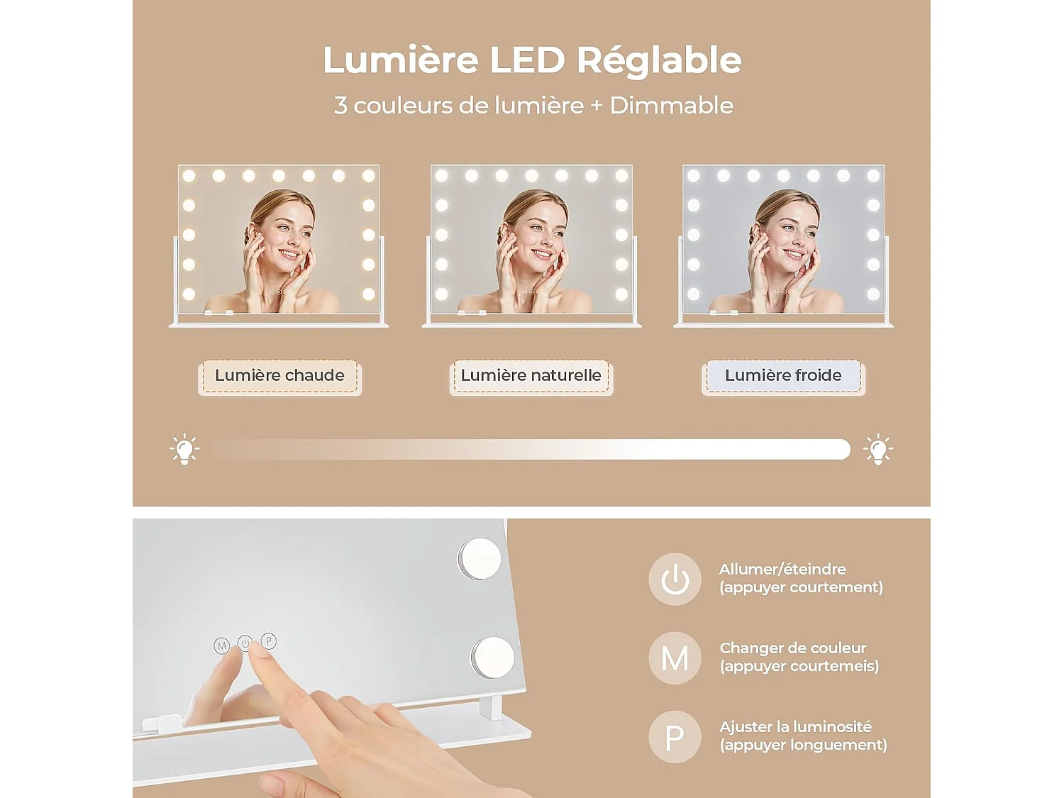 Dripex Specchio per trucco, rotazione a 360°, 15 lampadine, 62 x 46 cm - Bianco, controllo touch, 3 modalità di illuminazione, supporto per telefono rimovibile