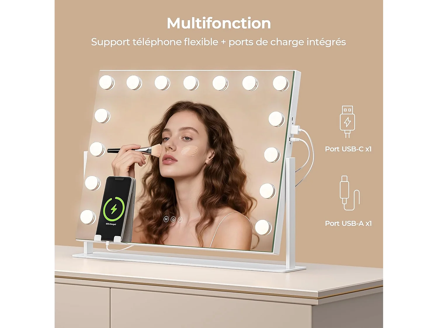 Dripex Specchio per trucco, rotazione a 360°, 15 lampadine, 62 x 46 cm - Bianco, controllo touch, 3 modalità di illuminazione, supporto per telefono rimovibile