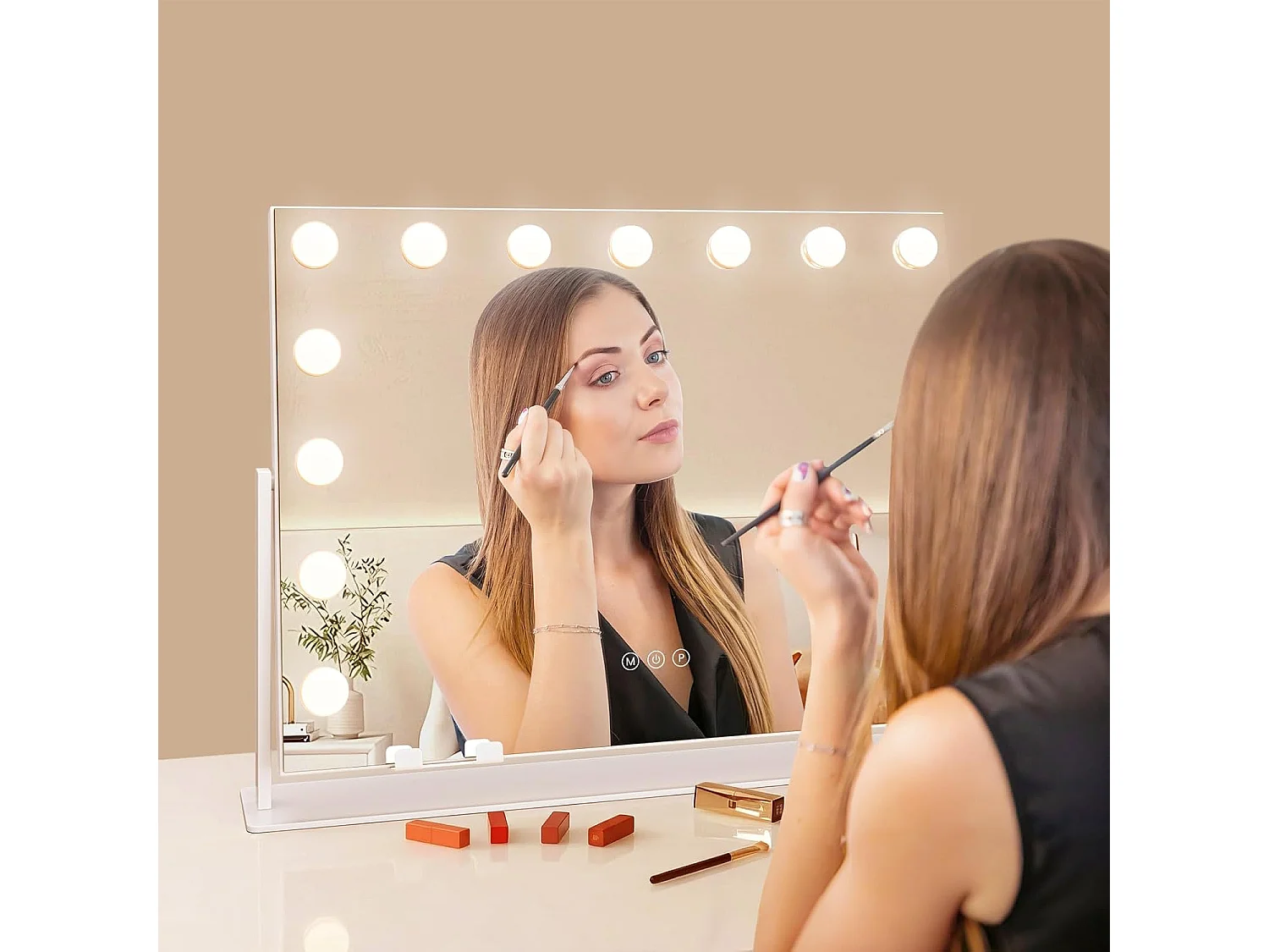 Dripex Specchio per trucco, rotazione a 360°, 15 lampadine, 62 x 46 cm - Bianco, controllo touch, 3 modalità di illuminazione, supporto per telefono rimovibile