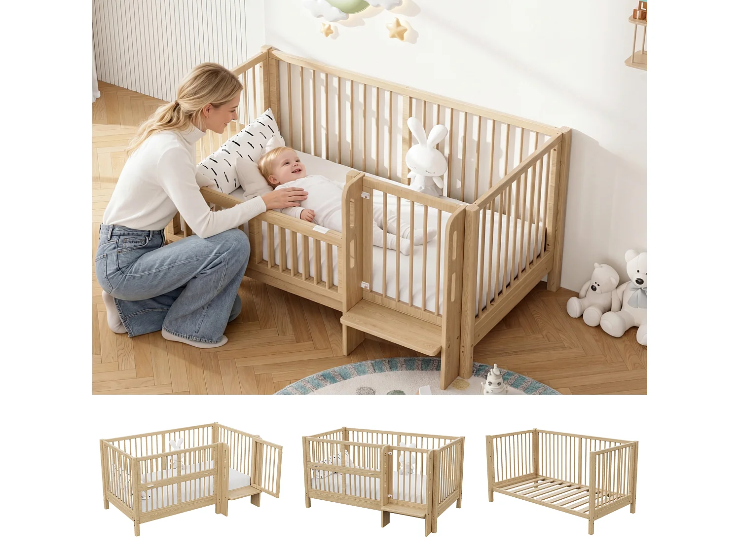 Omvormbaar babybedje (0-6 jaar) van massief grenenhout met veilige deur en antislip voetbord - 150,5 x 78 x 80 cm - Naturel (matras niet inbegrepen)