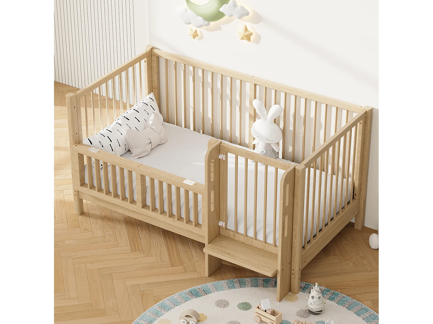 Omvormbaar babybedje (0-6 jaar) van massief grenenhout met veilige deur en antislip voetbord - 150,5 x 78 x 80 cm - Naturel (matras niet inbegrepen)