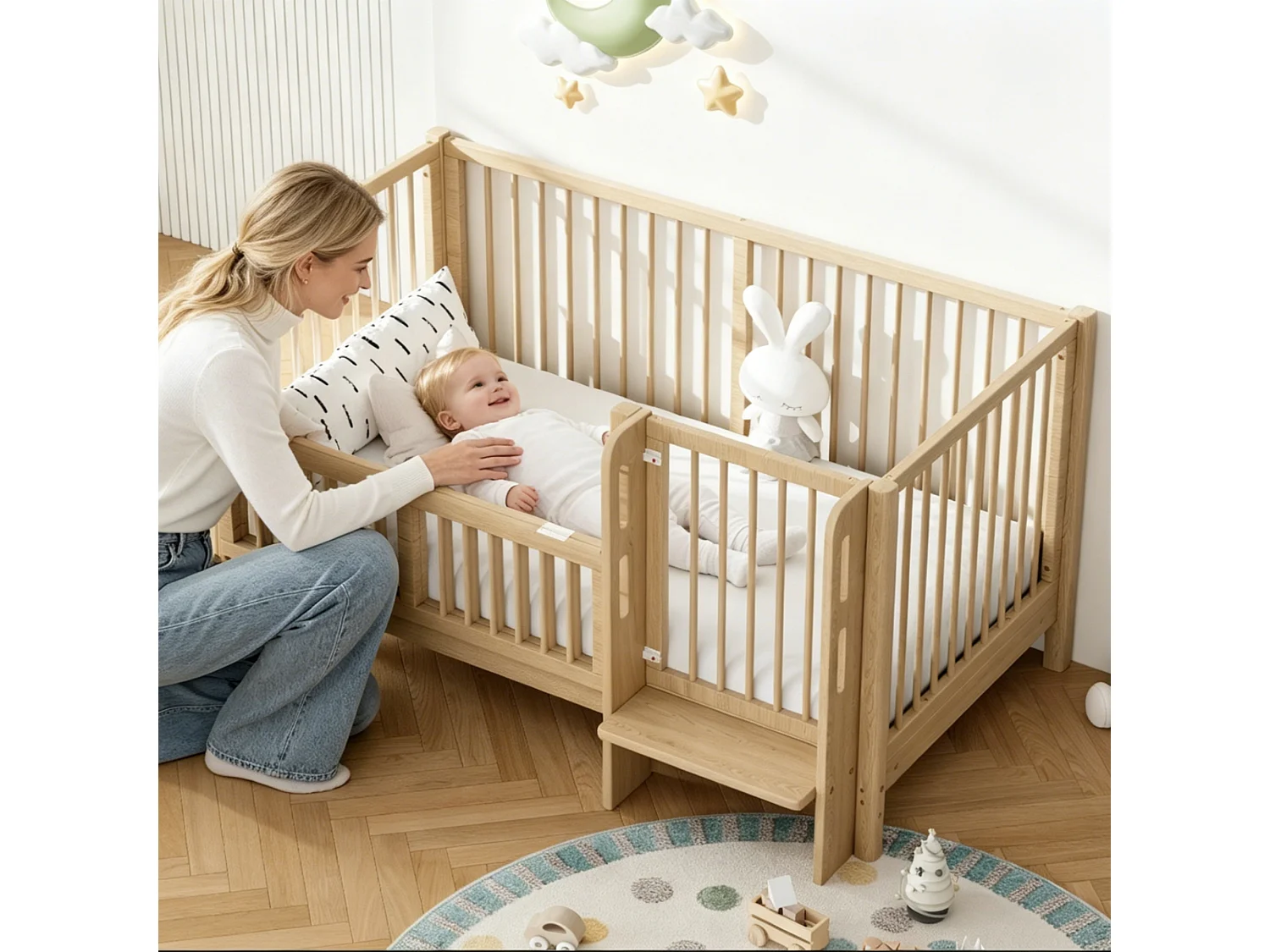 Omvormbaar babybedje (0-6 jaar) van massief grenenhout met veilige deur en antislip voetbord - 150,5 x 78 x 80 cm - Naturel (matras niet inbegrepen)