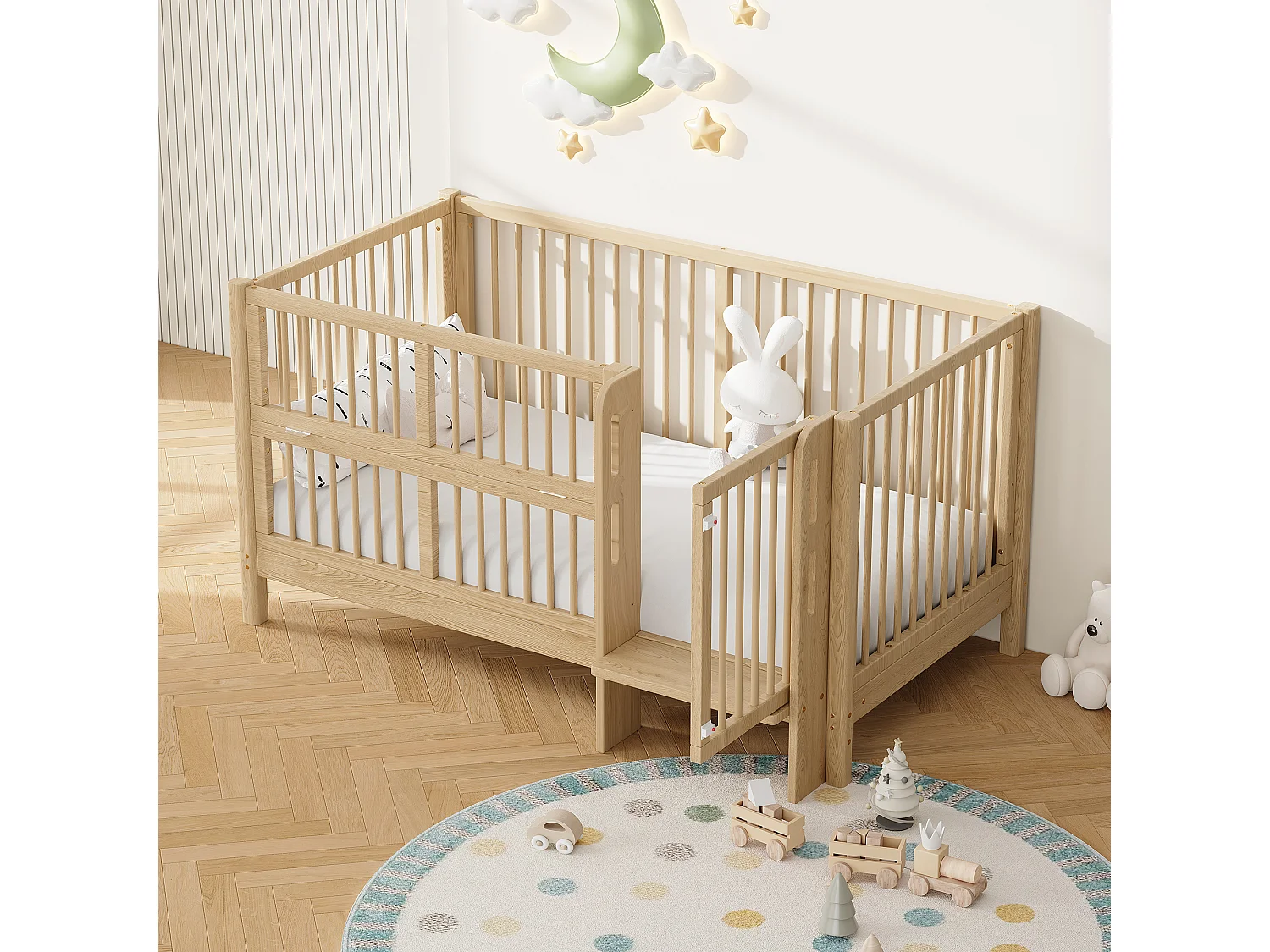 Omvormbaar babybedje (0-6 jaar) van massief grenenhout met veilige deur en antislip voetbord - 150,5 x 78 x 80 cm - Naturel (matras niet inbegrepen)