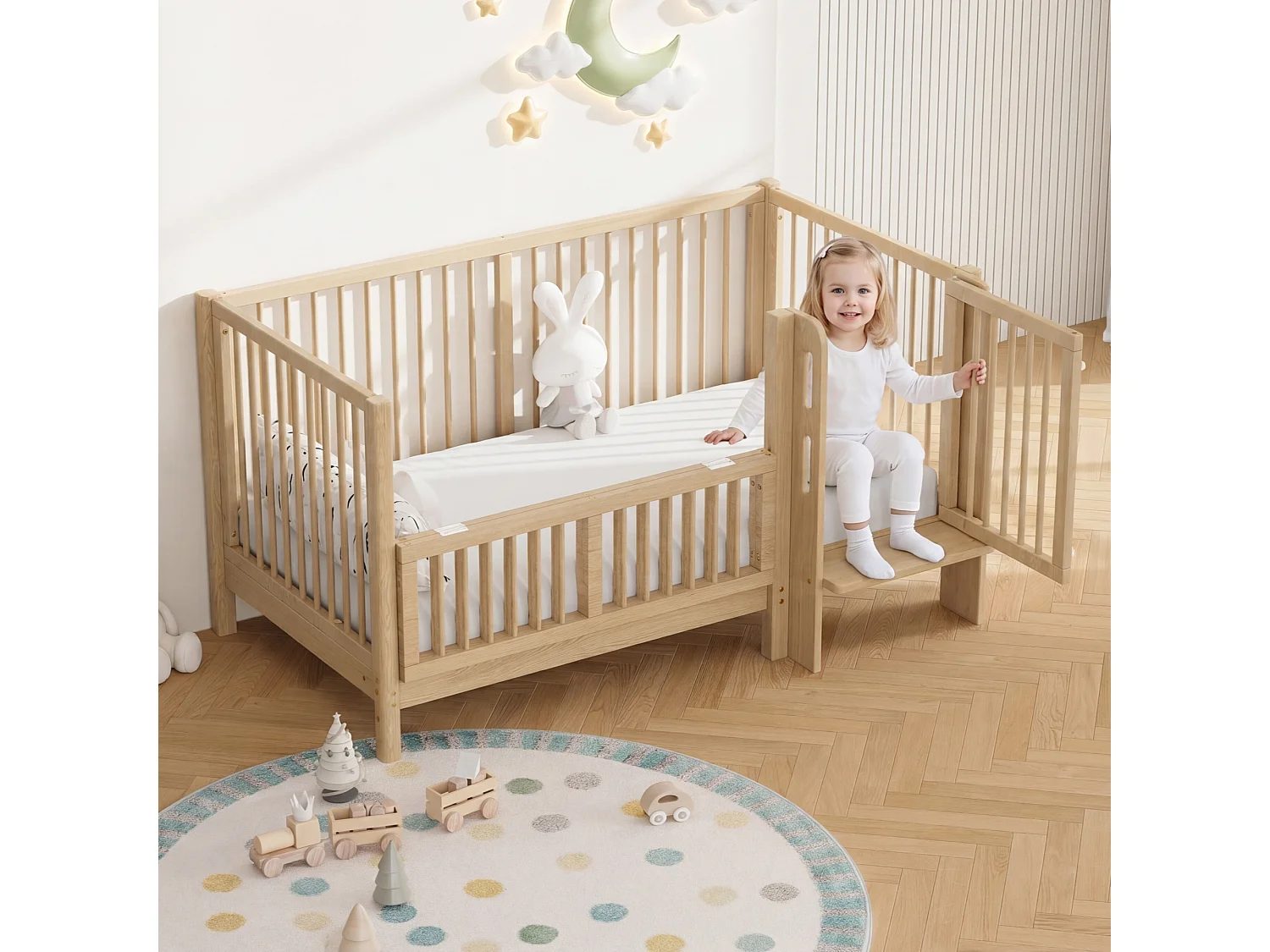 Omvormbaar babybedje (0-6 jaar) van massief grenenhout met veilige deur en antislip voetbord - 150,5 x 78 x 80 cm - Naturel (matras niet inbegrepen)
