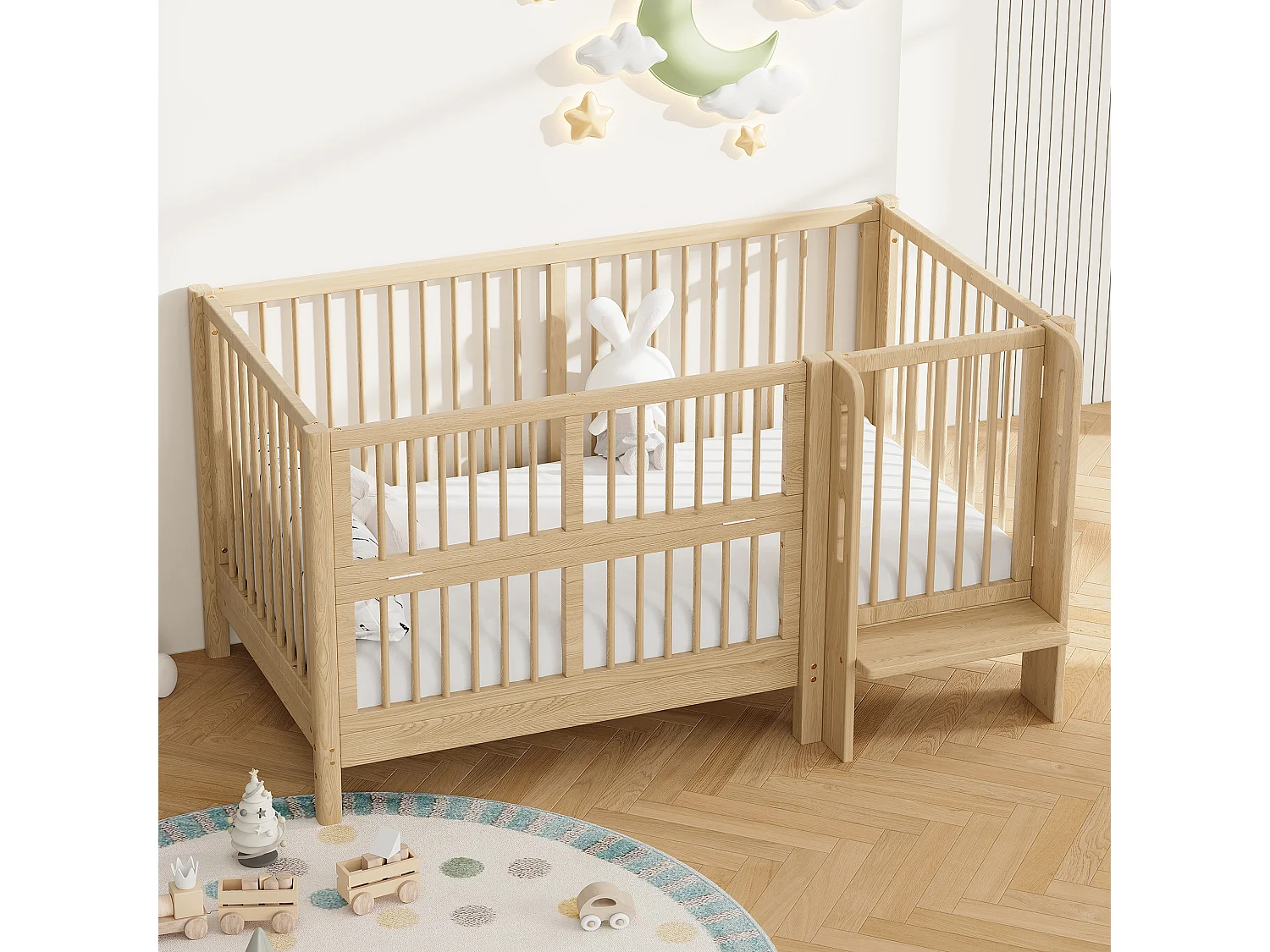 Omvormbaar babybedje (0-6 jaar) van massief grenenhout met veilige deur en antislip voetbord - 150,5 x 78 x 80 cm - Naturel (matras niet inbegrepen)