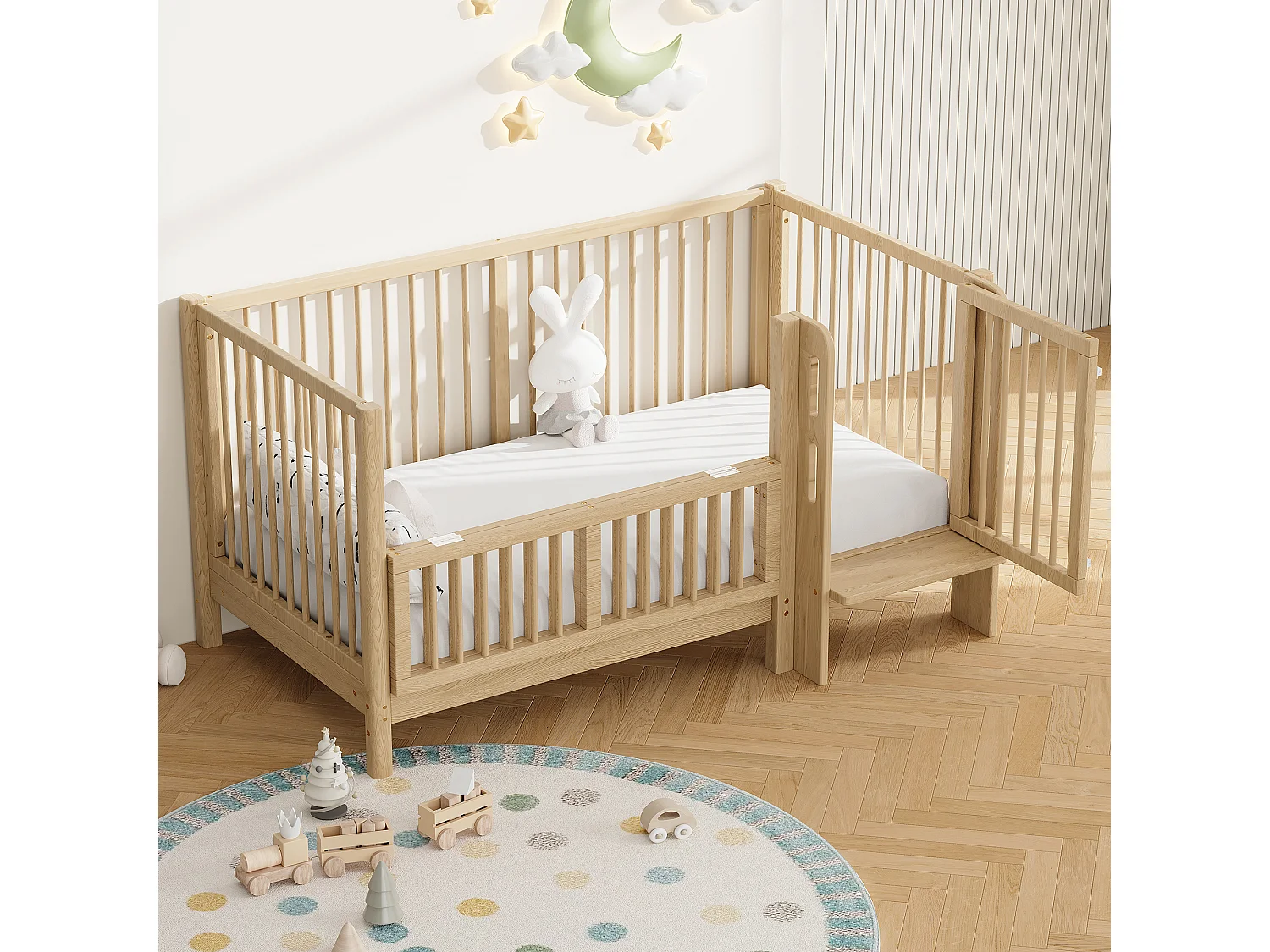 Omvormbaar babybedje (0-6 jaar) van massief grenenhout met veilige deur en antislip voetbord - 150,5 x 78 x 80 cm - Naturel (matras niet inbegrepen)