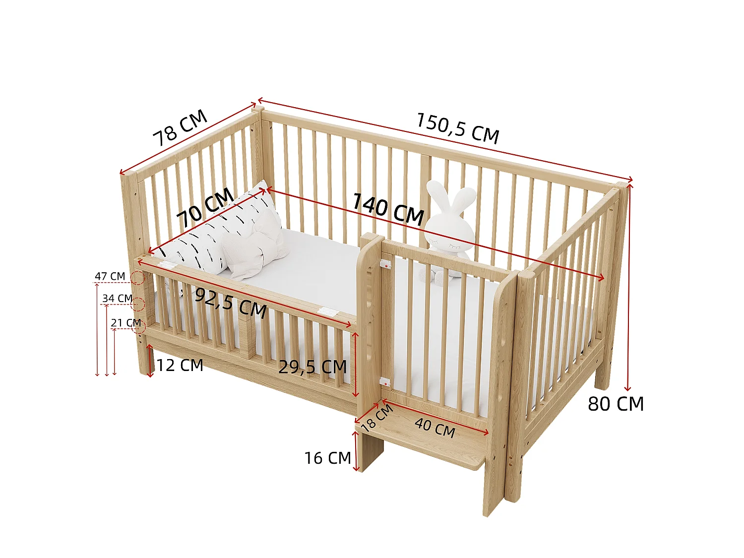 Omvormbaar babybedje (0-6 jaar) van massief grenenhout met veilige deur en antislip voetbord - 150,5 x 78 x 80 cm - Naturel (matras niet inbegrepen)