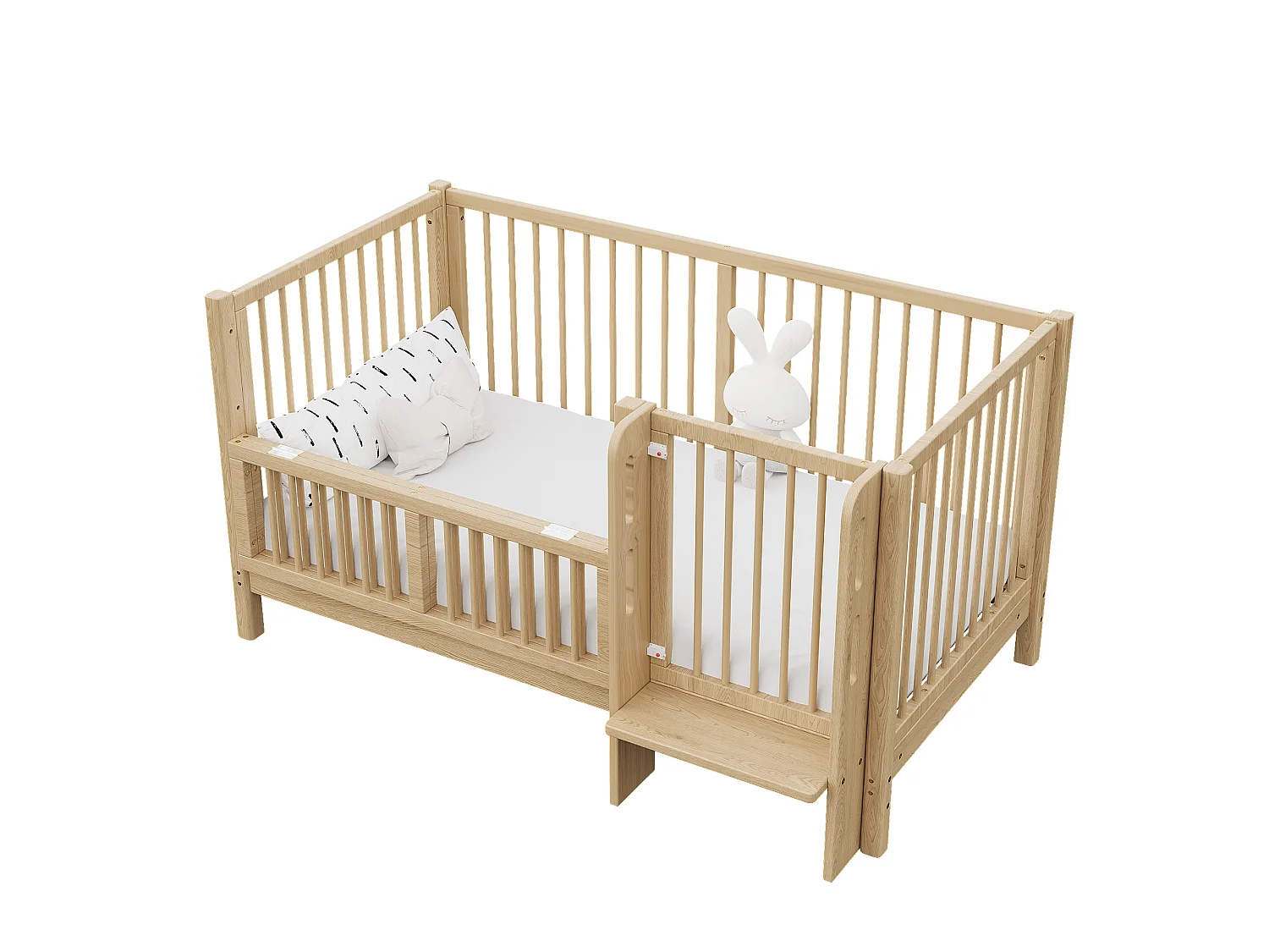 Omvormbaar babybedje (0-6 jaar) van massief grenenhout met veilige deur en antislip voetbord - 150,5 x 78 x 80 cm - Naturel (matras niet inbegrepen)