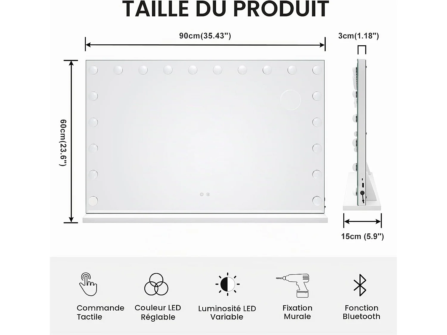 Dripex Specchio per trucco con luci LED e Bluetooth, 60 x 90 cm – Bianco, controllo touch, luminosità regolabile, da tavolo e a parete, altoparlante