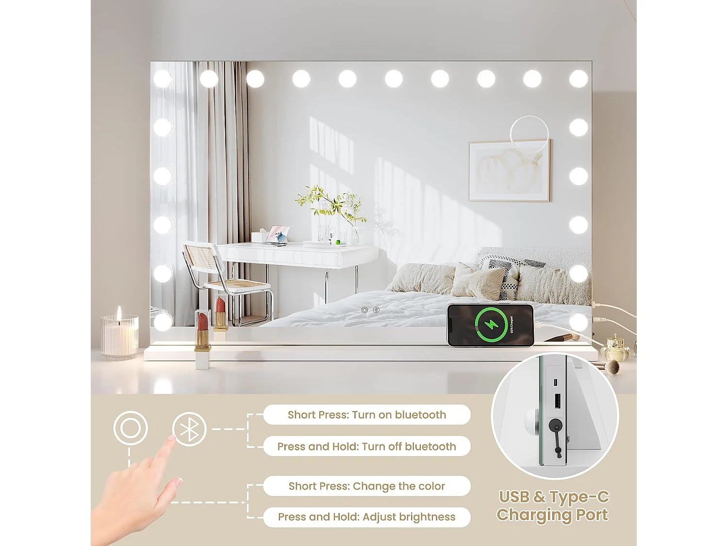 Dripex Specchio per trucco con luci LED e Bluetooth, 60 x 90 cm – Bianco, controllo touch, luminosità regolabile, da tavolo e a parete, altoparlante