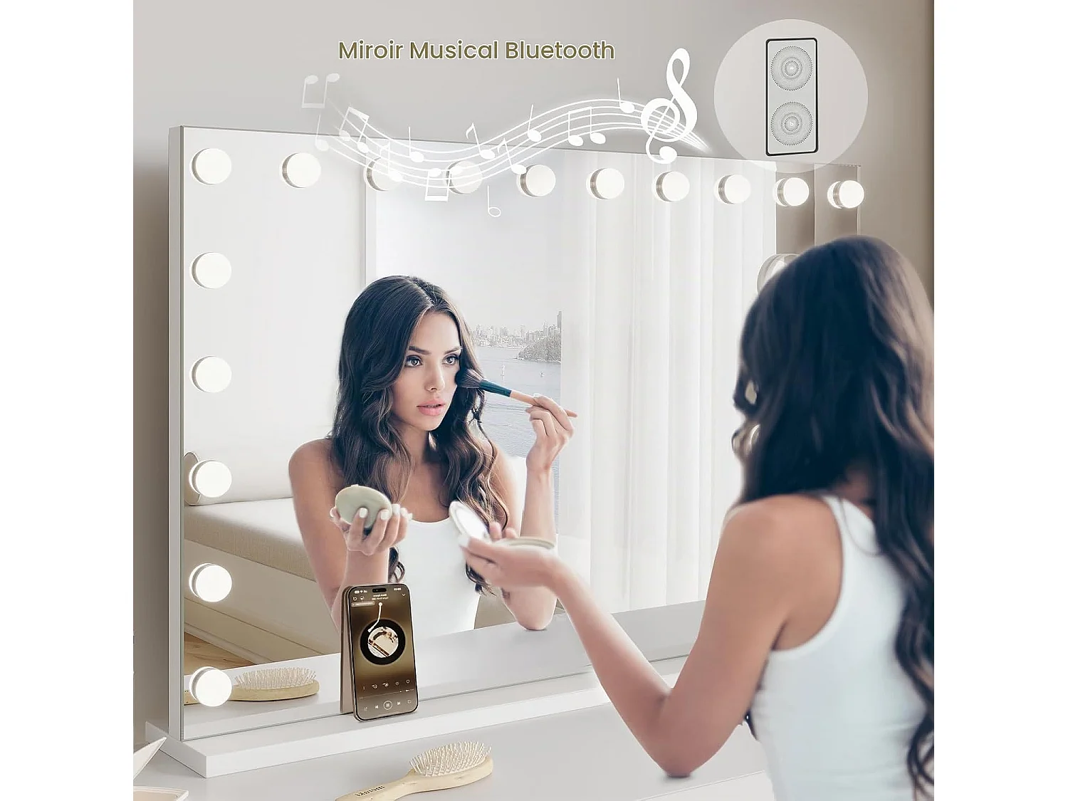 Dripex Specchio per trucco con luci LED e Bluetooth, 60 x 90 cm – Bianco, controllo touch, luminosità regolabile, da tavolo e a parete, altoparlante