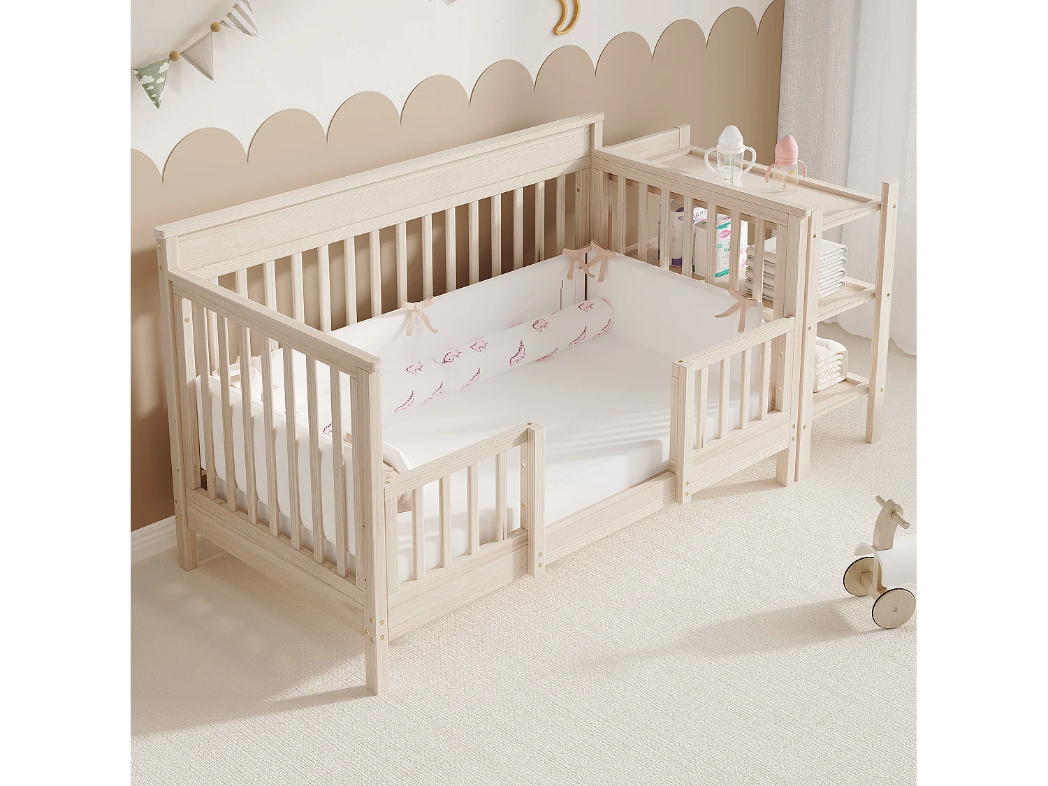 3-in-1 ombouwbaar babybedje van massief grenenhout met afneembaar aankleedblad en plankje - Verstelbare hoogte - 140 x 70 x 90 cm - Naturel (matras niet inbegrepen)