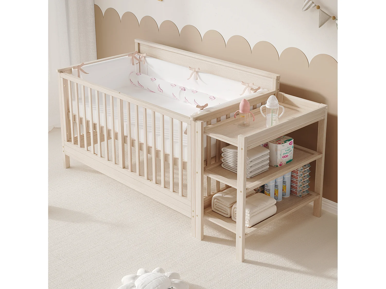 3-in-1 ombouwbaar babybedje van massief grenenhout met afneembaar aankleedblad en plankje - Verstelbare hoogte - 140 x 70 x 90 cm - Naturel (matras niet inbegrepen)