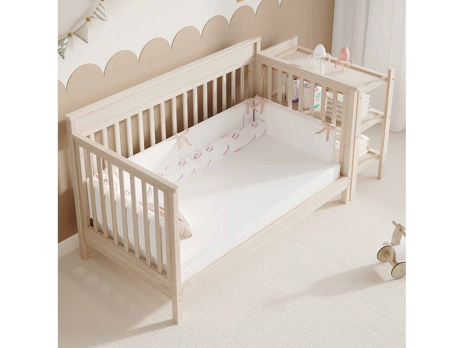 3-in-1 ombouwbaar babybedje van massief grenenhout met afneembaar aankleedblad en plankje - Verstelbare hoogte - 140 x 70 x 90 cm - Naturel (matras niet inbegrepen)