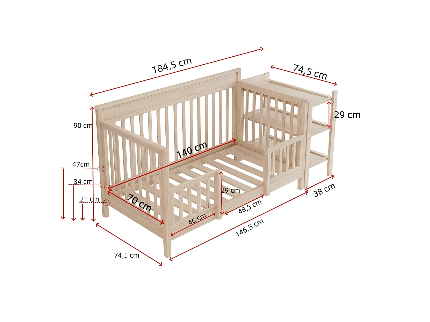 3-in-1 ombouwbaar babybedje van massief grenenhout met afneembaar aankleedblad en plankje - Verstelbare hoogte - 140 x 70 x 90 cm - Naturel (matras niet inbegrepen)