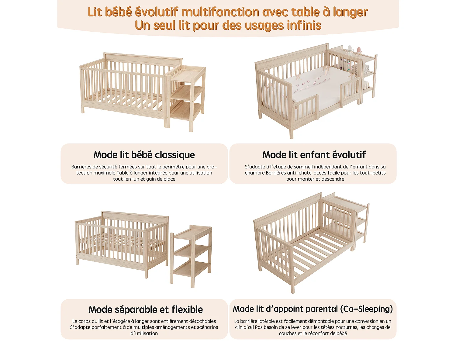 3-in-1 ombouwbaar babybedje van massief grenenhout met afneembaar aankleedblad en plankje - Verstelbare hoogte - 140 x 70 x 90 cm - Naturel (matras niet inbegrepen)
