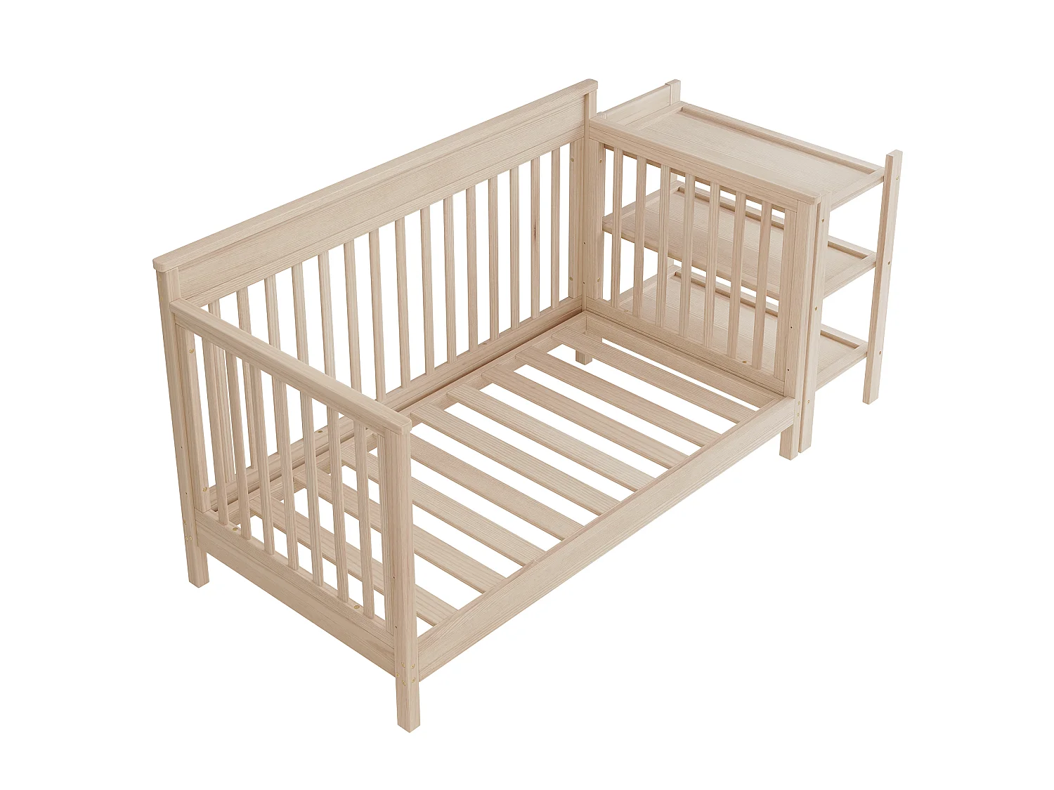 3-in-1 ombouwbaar babybedje van massief grenenhout met afneembaar aankleedblad en plankje - Verstelbare hoogte - 140 x 70 x 90 cm - Naturel (matras niet inbegrepen)