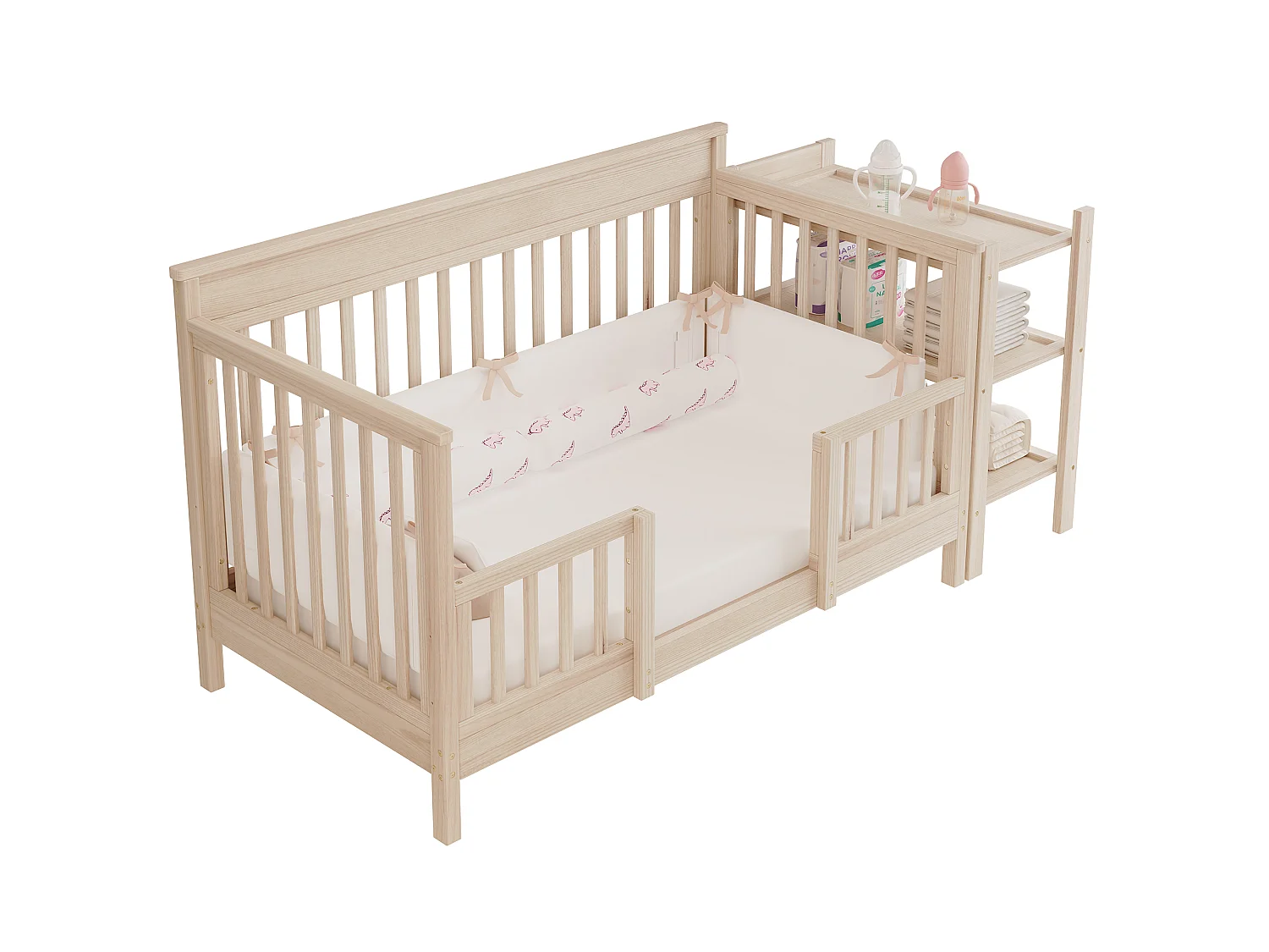 3-in-1 ombouwbaar babybedje van massief grenenhout met afneembaar aankleedblad en plankje - Verstelbare hoogte - 140 x 70 x 90 cm - Naturel (matras niet inbegrepen)