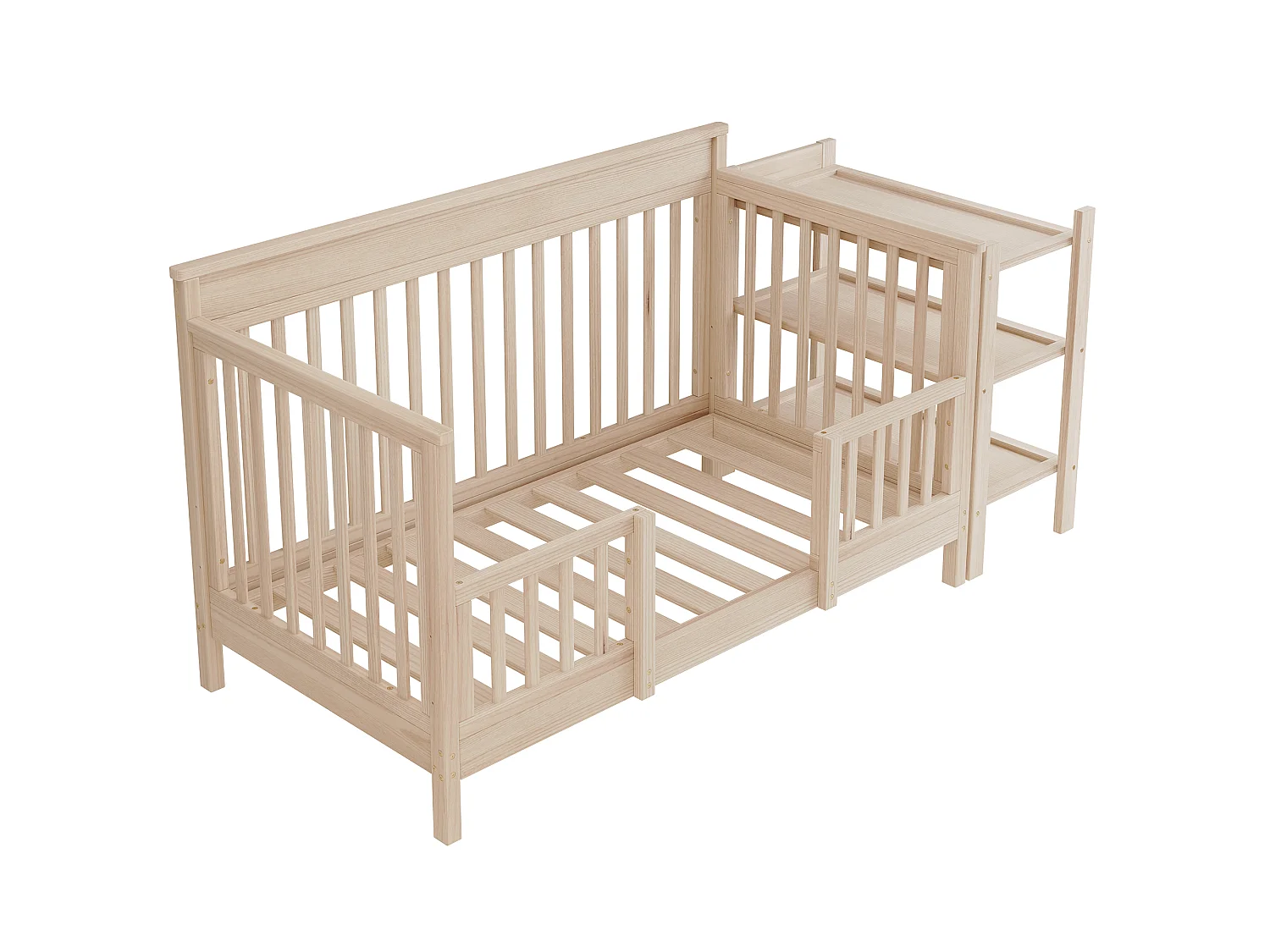 3-in-1 ombouwbaar babybedje van massief grenenhout met afneembaar aankleedblad en plankje - Verstelbare hoogte - 140 x 70 x 90 cm - Naturel (matras niet inbegrepen)
