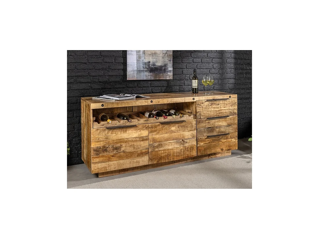 Buffet LODEN 175 cm en madera maciza de mango barnizado – 2 puertas, 3 cajones y nicho para botellas