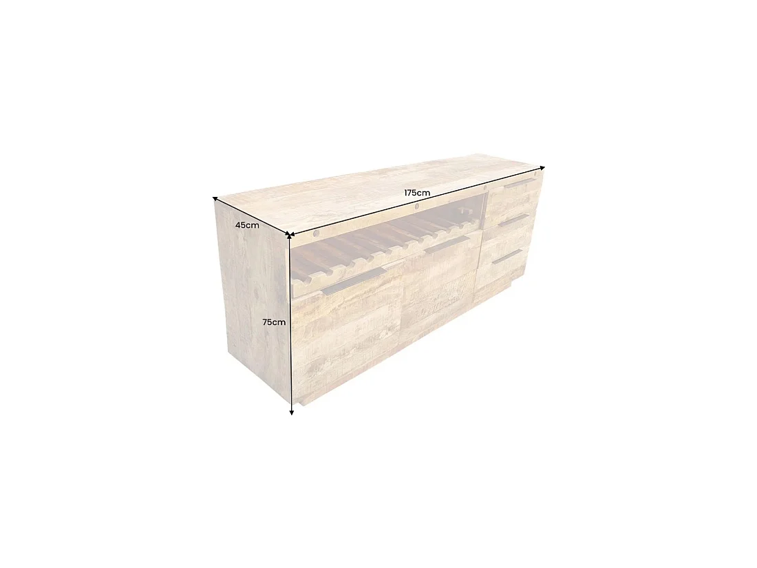 Buffet LODEN 175 cm en madera maciza de mango barnizado – 2 puertas, 3 cajones y nicho para botellas