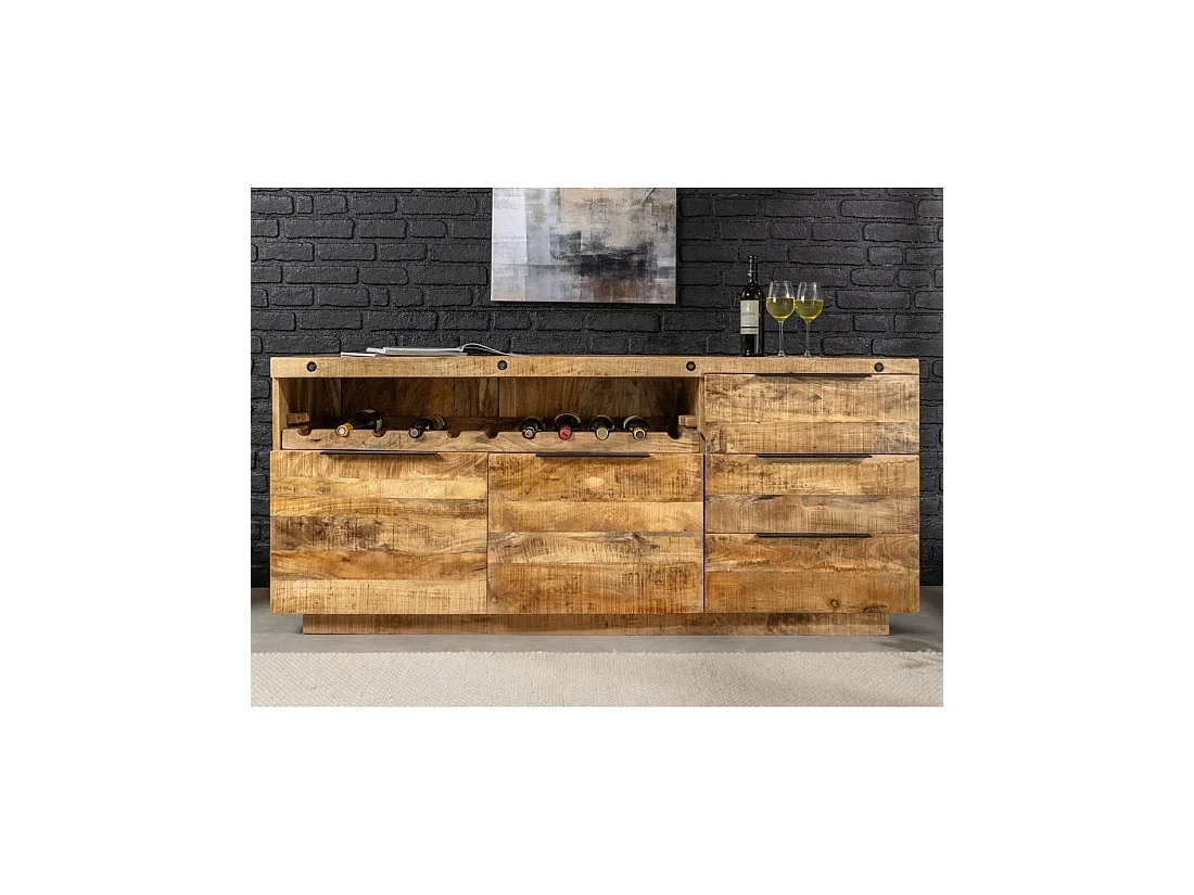 Buffet LODEN 175 cm en madera maciza de mango barnizado – 2 puertas, 3 cajones y nicho para botellas