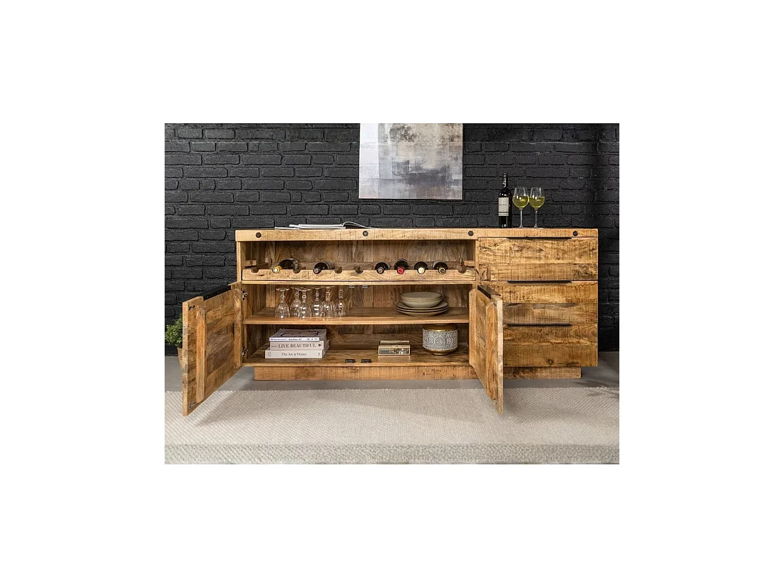 Buffet LODEN 175 cm en madera maciza de mango barnizado – 2 puertas, 3 cajones y nicho para botellas