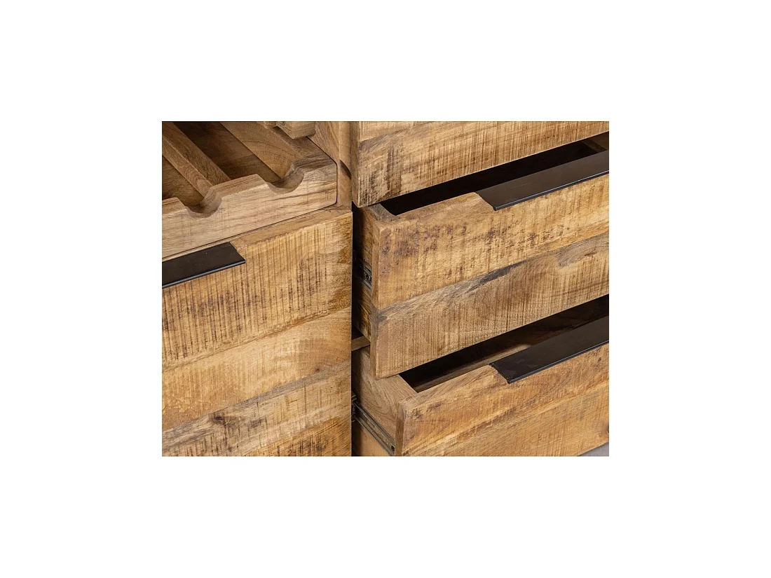 Buffet LODEN 175 cm en madera maciza de mango barnizado – 2 puertas, 3 cajones y nicho para botellas