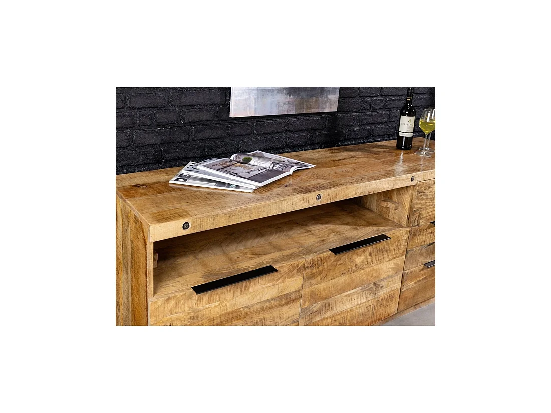 Buffet LODEN 175 cm en madera maciza de mango barnizado – 2 puertas, 3 cajones y nicho para botellas
