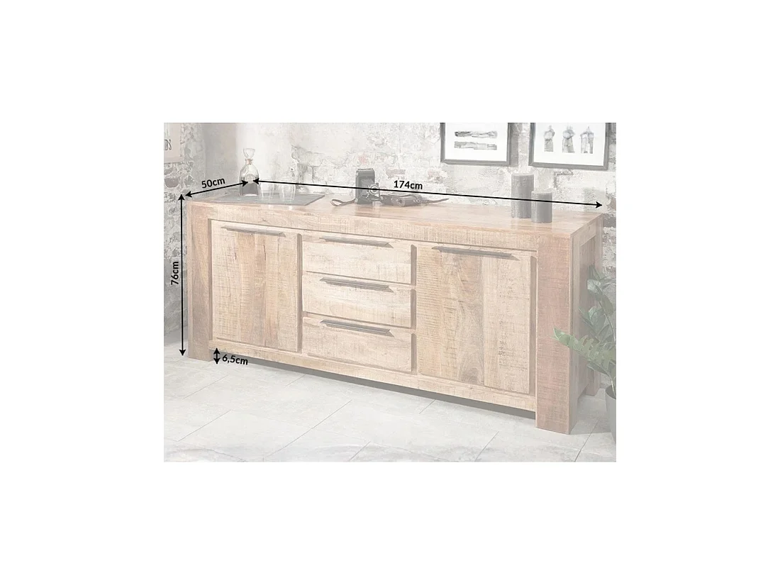 Buffet LODEN 174 cm en madera maciza de mango – 2 puertas, 3 cajones y numerosos almacenamientos