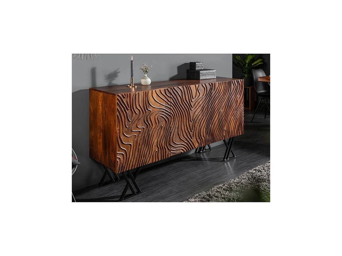 Buffet GAÏA 160 cm in massief mangohout - 3 gesneden deuren en zwarte metalen poten