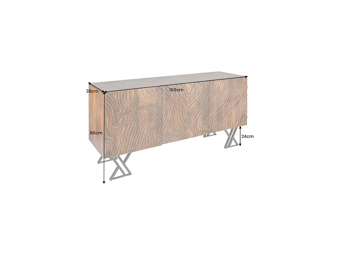Buffet GAÏA 160 cm in massief mangohout - 3 gesneden deuren en zwarte metalen poten