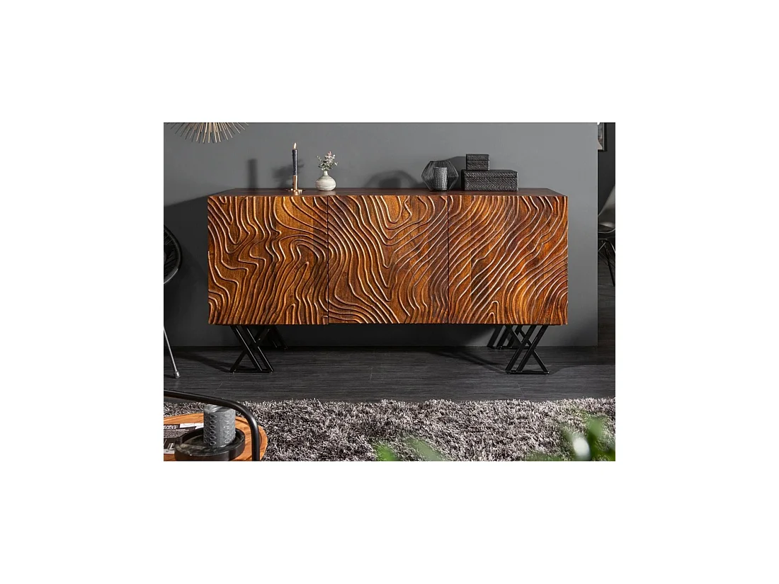 Buffet GAÏA 160 cm in massief mangohout - 3 gesneden deuren en zwarte metalen poten