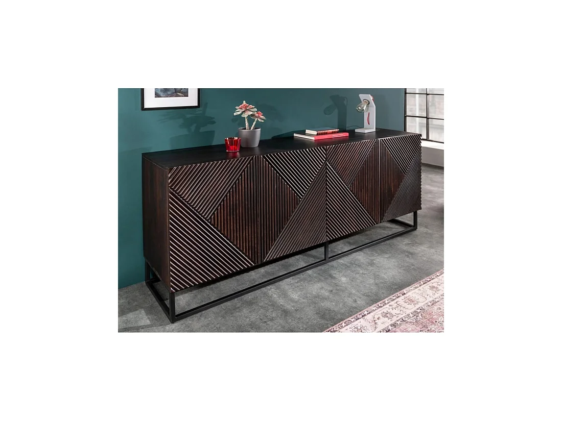 Buffet KARMY 177 cm en bois de manguier massif – 4 portes sculptées et métal noir