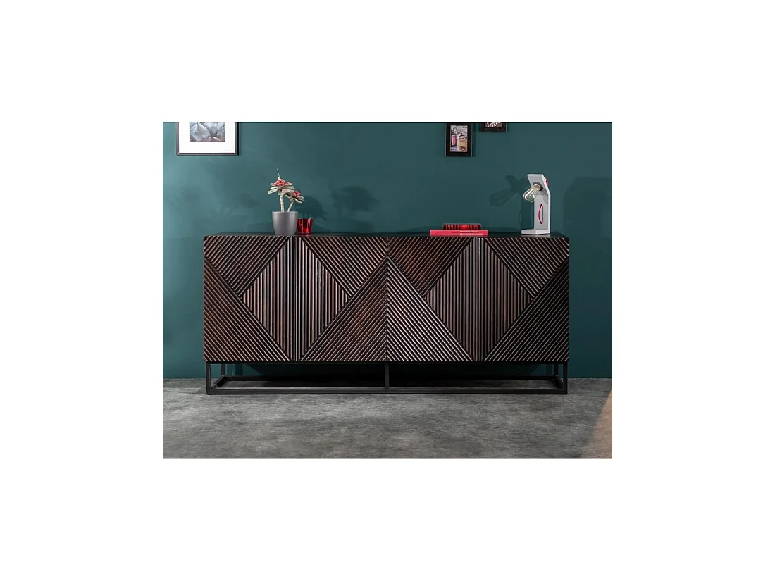 Buffet KARMY 177 cm en bois de manguier massif – 4 portes sculptées et métal noir