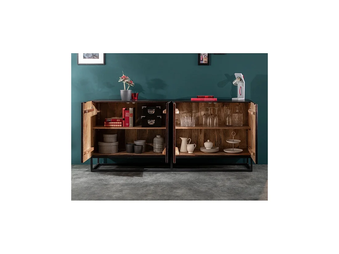 Buffet KARMY 177 cm en bois de manguier massif – 4 portes sculptées et métal noir