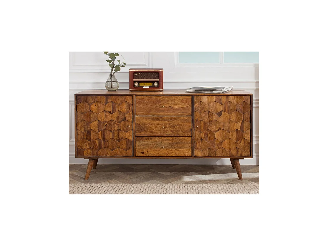 Buffet SCANI 145 cm aus massivem, lackiertem Sheeshamholz – 2 geschnitzte Türen und 3 Schubladen